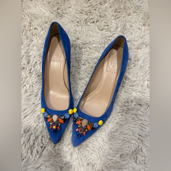 J Crew COLLECTION Dulci Suede Kitten Heels Women’s Size 8 Jeweled Blue Italy - Picture 1 of 16